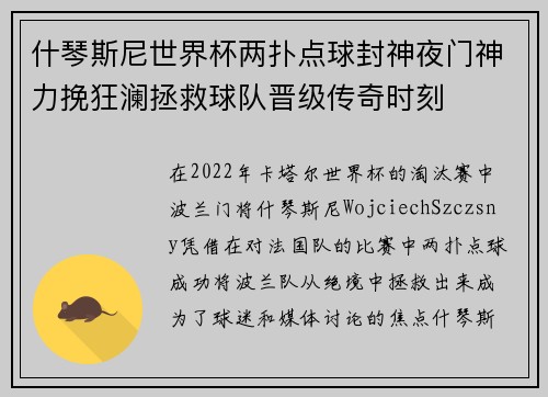 什琴斯尼世界杯两扑点球封神夜门神力挽狂澜拯救球队晋级传奇时刻