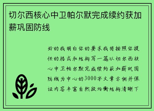 切尔西核心中卫帕尔默完成续约获加薪巩固防线
