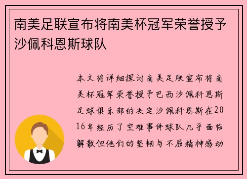 南美足联宣布将南美杯冠军荣誉授予沙佩科恩斯球队