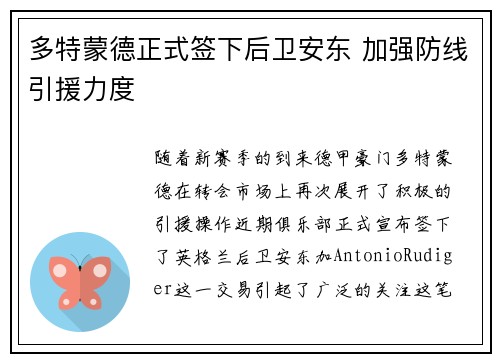 多特蒙德正式签下后卫安东 加强防线引援力度