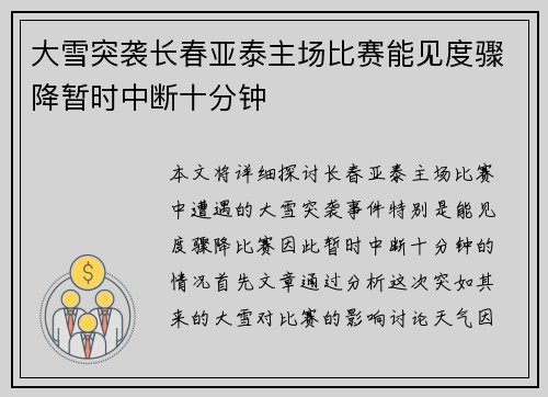 大雪突袭长春亚泰主场比赛能见度骤降暂时中断十分钟